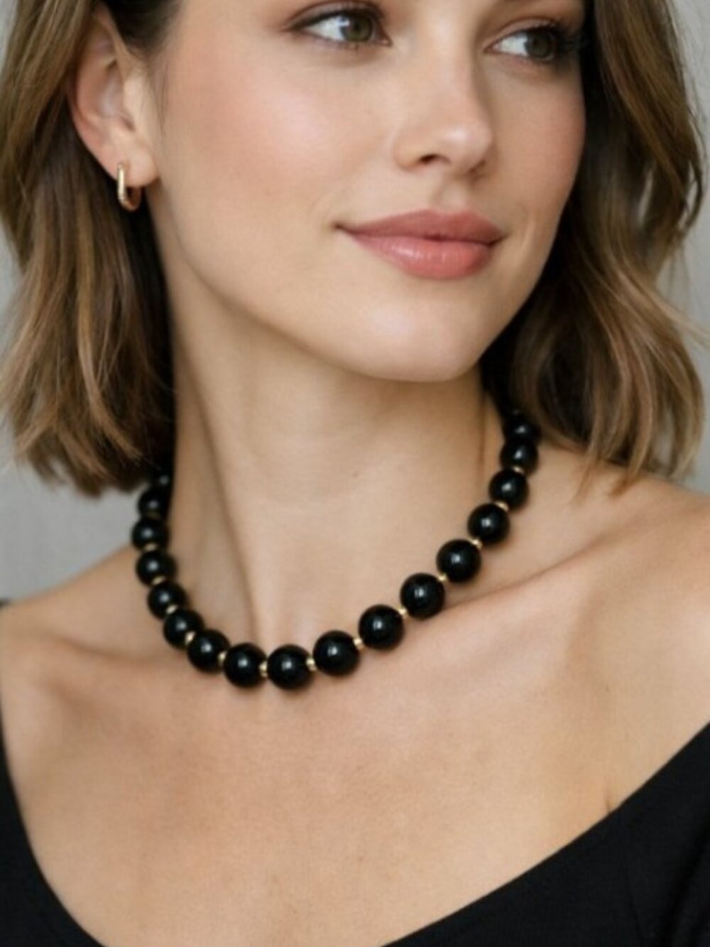 Vintage Black Lucite Necklace - Gold‑Tone Spacers, Hidden Clasp, 16.5" Collar